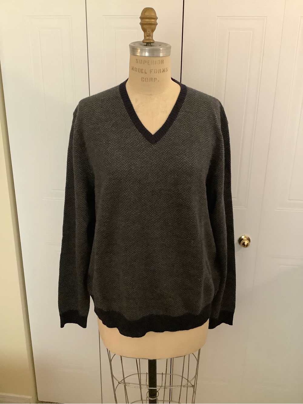 Ralph Lauren Men's Dark Gray V-Neck Sweater with Navy Blue Trim